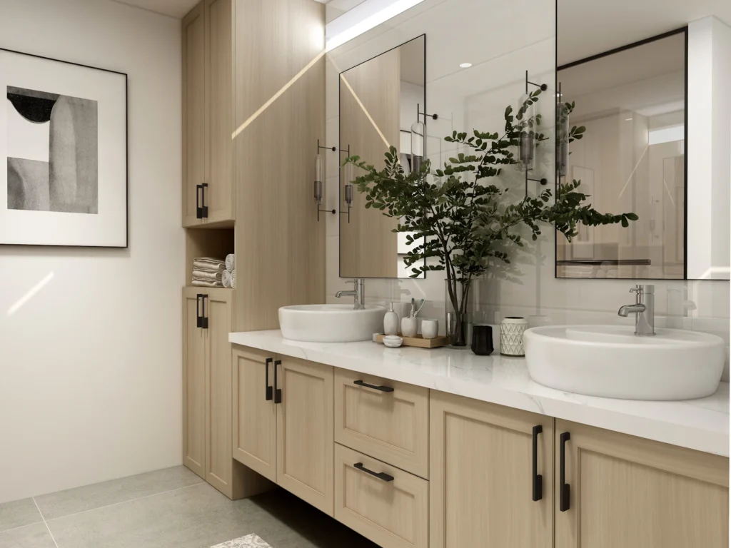 Bright bathroom with floating wood vanity, vessel sinks and natural light
