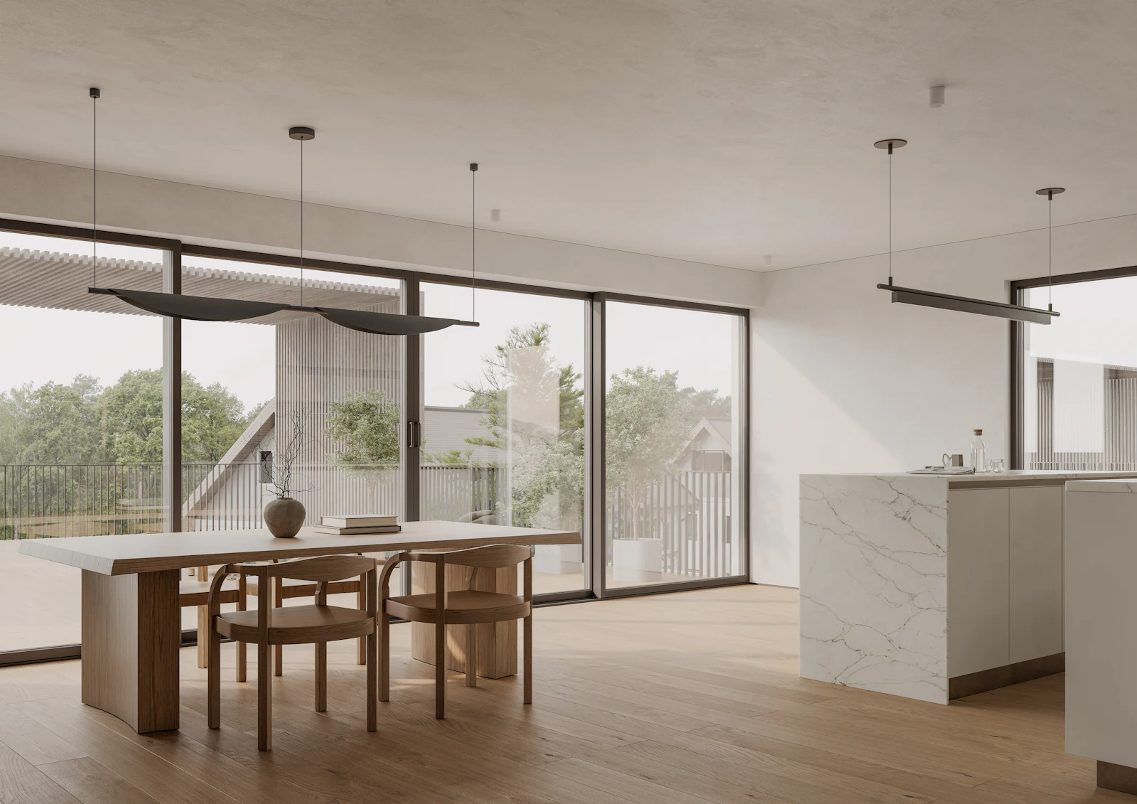Open-concept dining and kitchen area with floor-to-ceiling windows