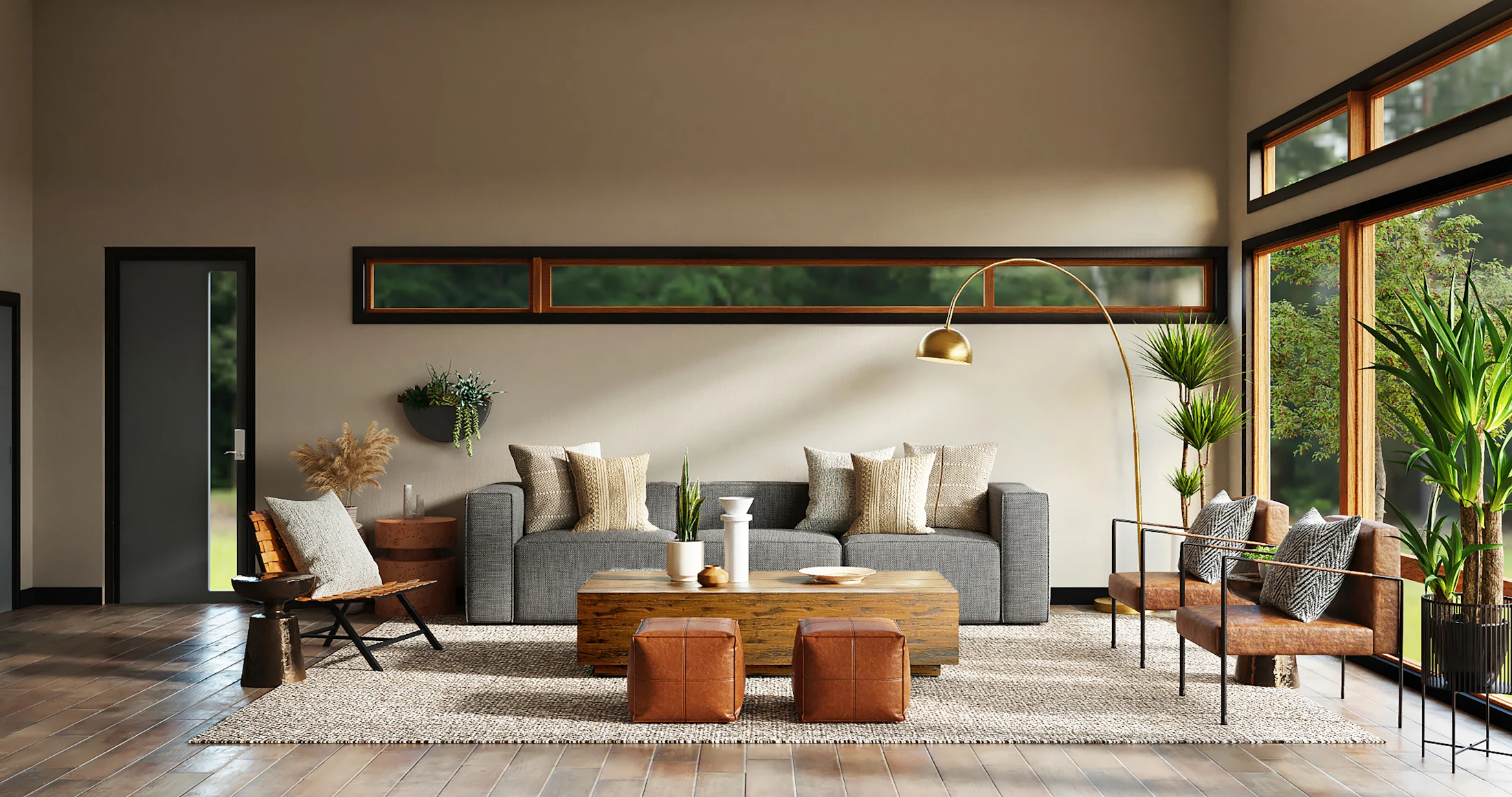 Bright modern living room with natural wood floors, soft seating and large windows