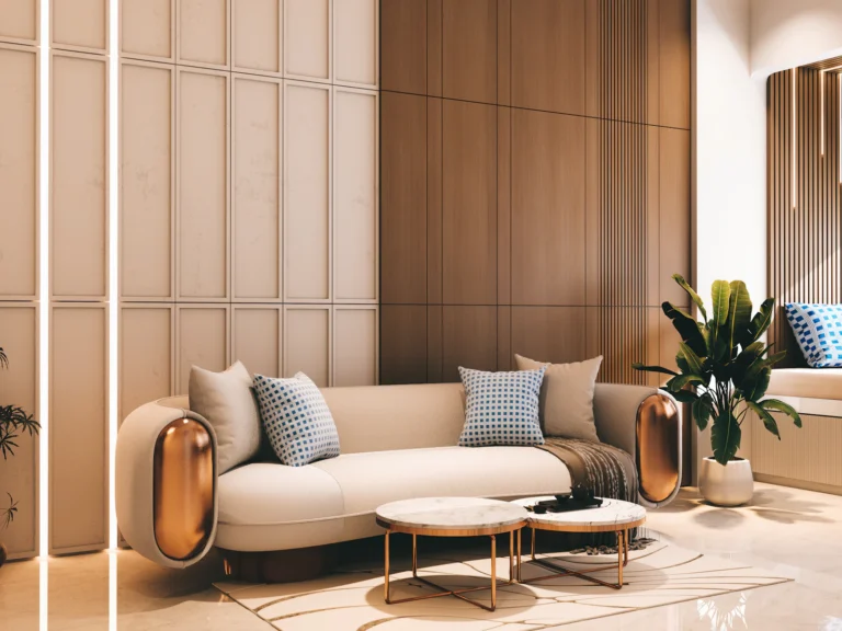 Interior with wood wall panelling, curved sofa and layered neutral finishes