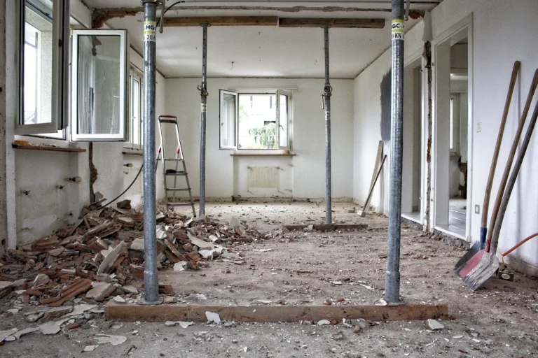 Interior space stripped to the studs during a renovation