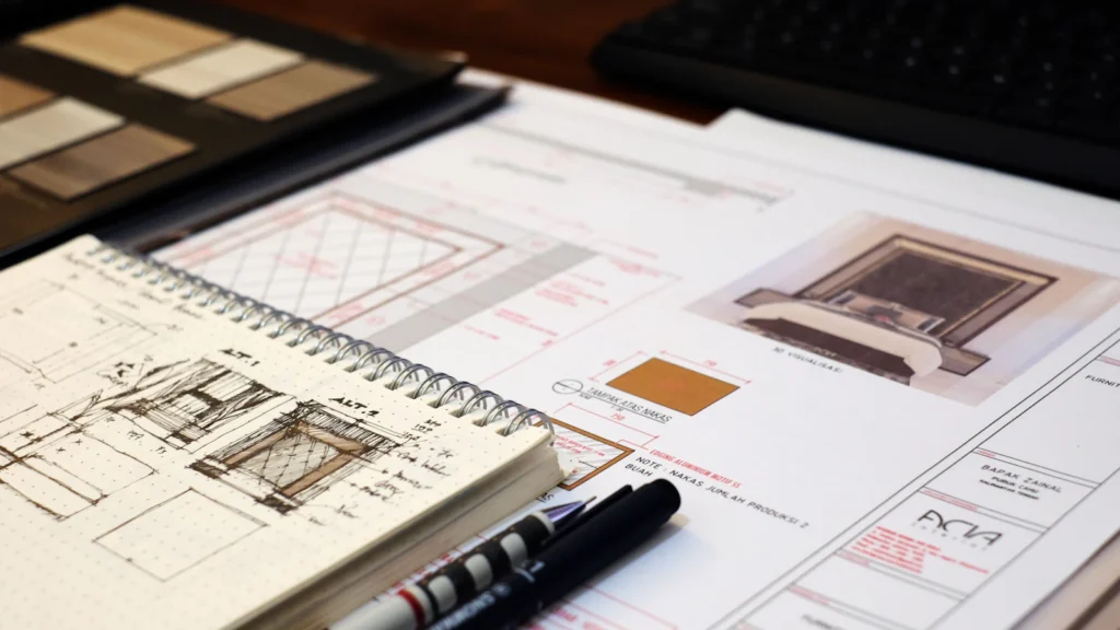 Interior design drawings and material samples laid out for planning